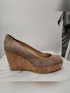 STUART WEITZMAN Tan Suede Peep-Toe Cork Wedge Heels, size 9½M
